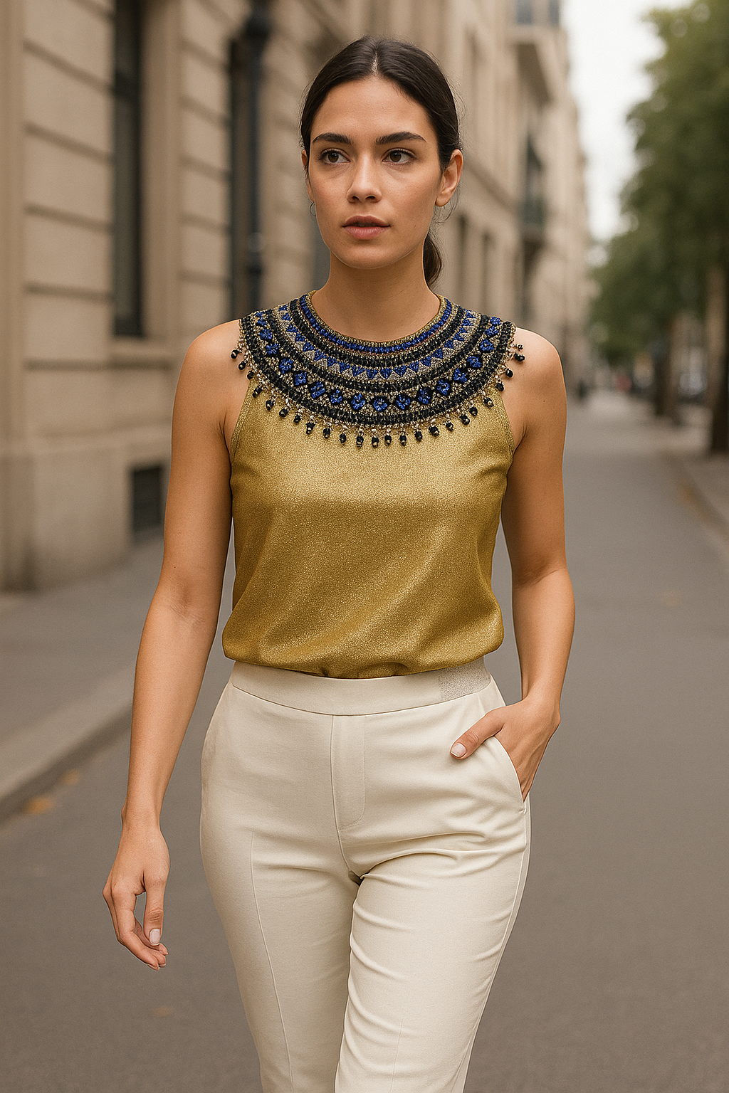 Gold sleeveless women's top with intricate beaded neckline in blue, black, and silver tones, laid flat on a neutral background.