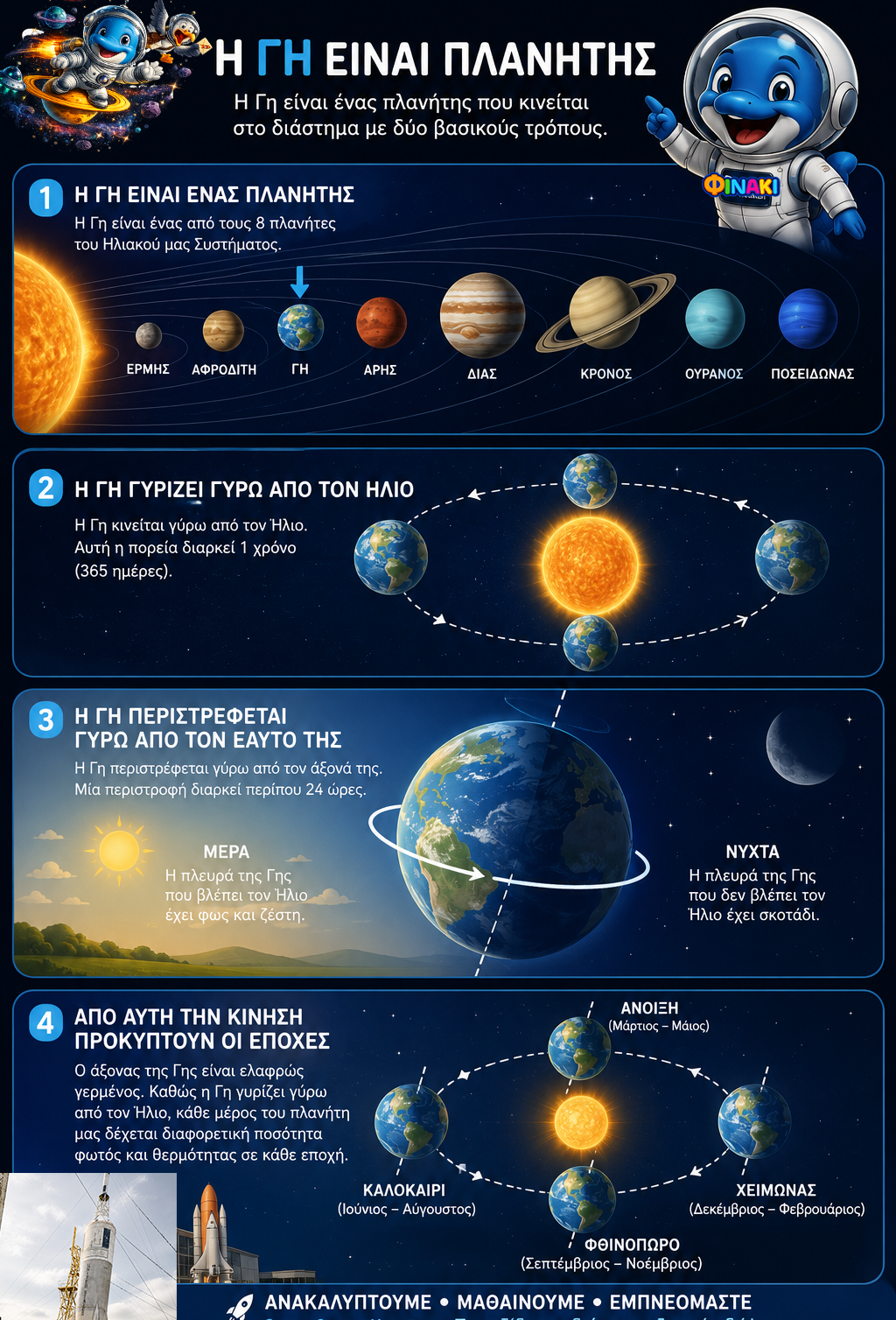 Educational infographic about the solar system in Greek with illustrations and text.