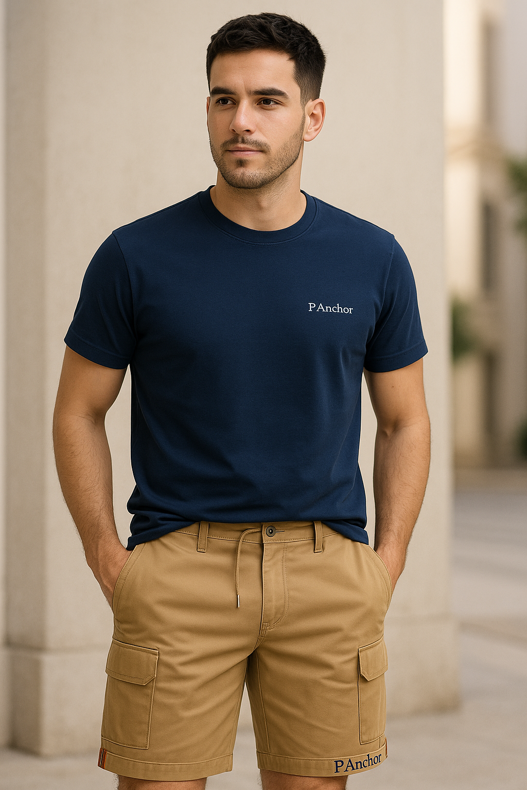 alt="Male model wearing a navy blue P.Anchor t-shirt and tan cargo shorts, styled in a clean architectural outdoor setting, presenting a refined summer casual look"