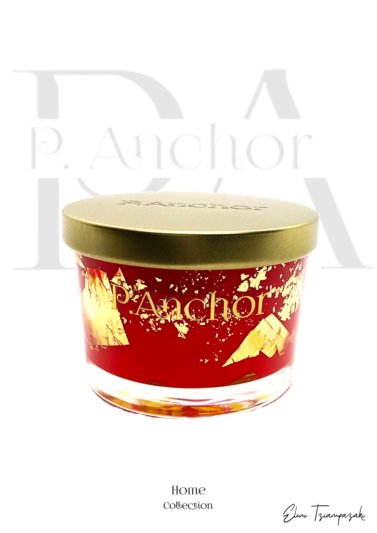 P.Anchor red candle with gold flakes and embossed gold lid – luxury scented candle from the Home Collection