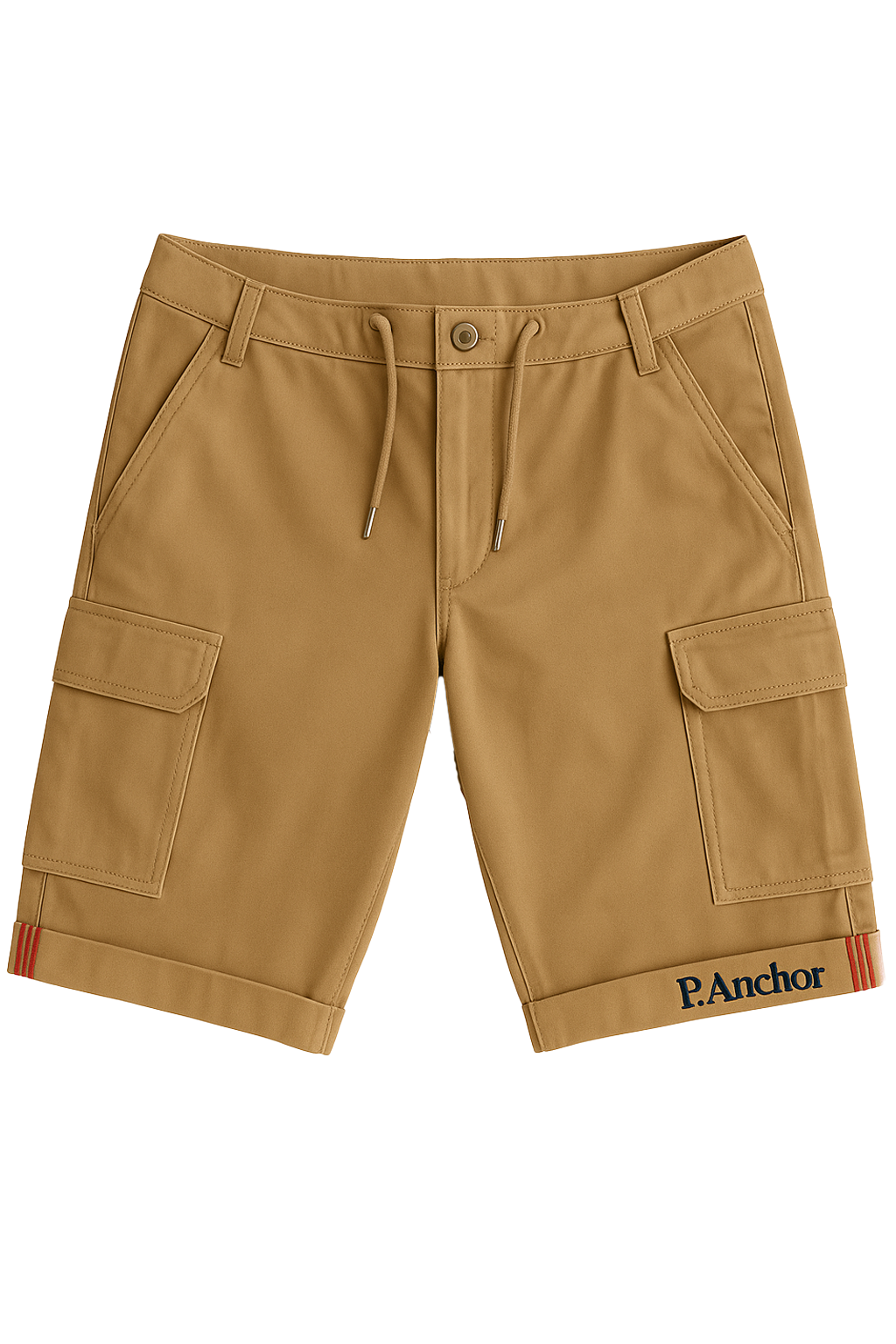 Men's tan cargo shorts with flap pockets and P. Anchor logo on hem