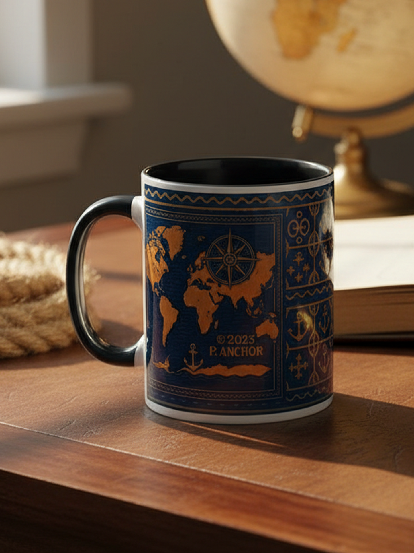 Navy blue nautical mug with gold world map and compass – P. ANCHOR luxury ceramic cup