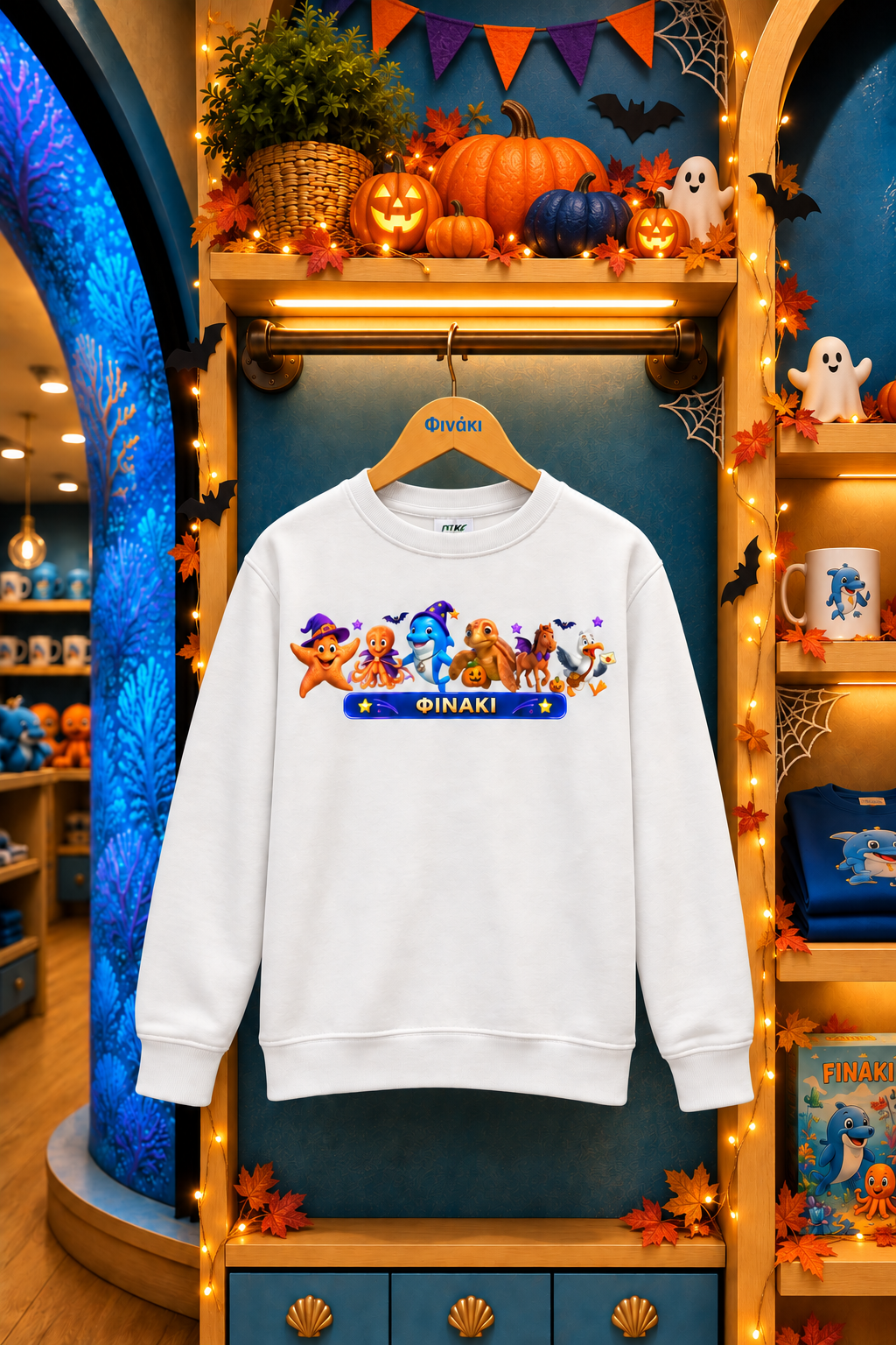 A white long-sleeve crewneck sweatshirt with a colorful cartoon graphic and the brand name 'DHAKI' printed across the chest, hanging on a wooden hanger. The background is a themed retail display decorated for Halloween with pumpkins, ghosts, and autumn decorations.