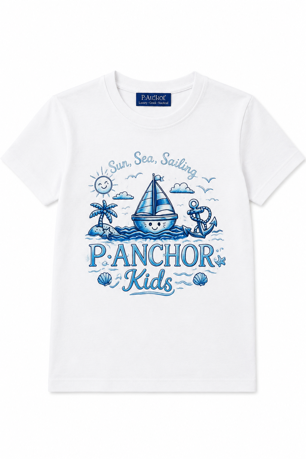 White t-shirt with blue graphic design and 'P. Anchor Kids' text on a white background