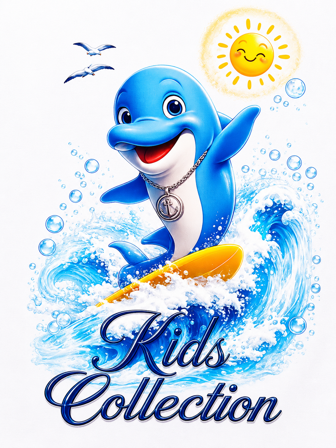 Cartoon dolphin on a surfboard with bubbles and a sun, labeled 'Kids Collection'.