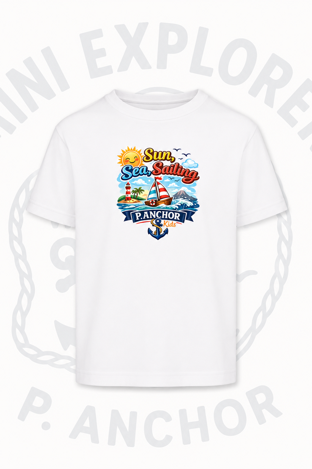White t-shirt with a colorful graphic design featuring text and icons on a white background.