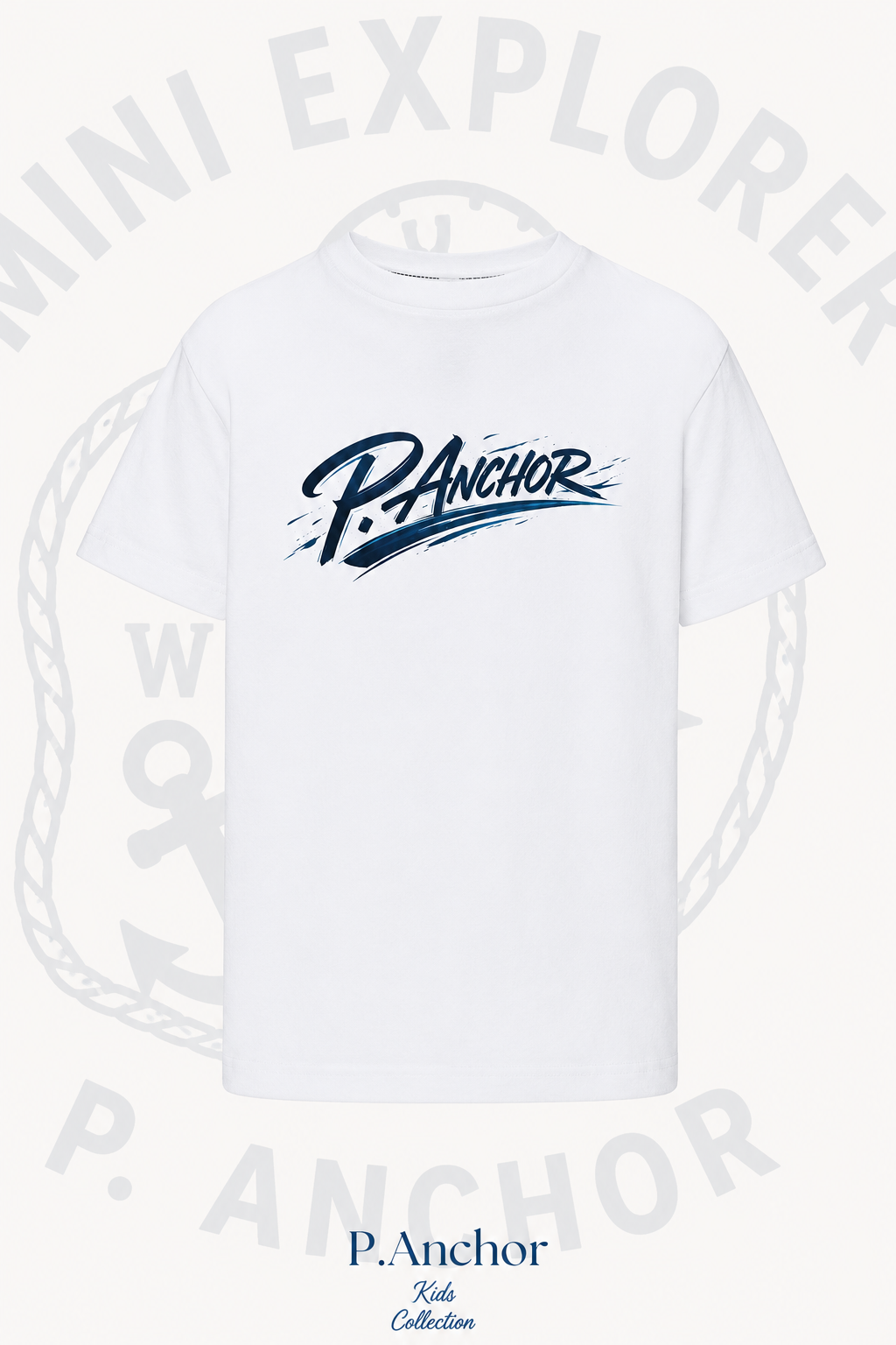 White t-shirt with 'P. Anchor' logo on a white background