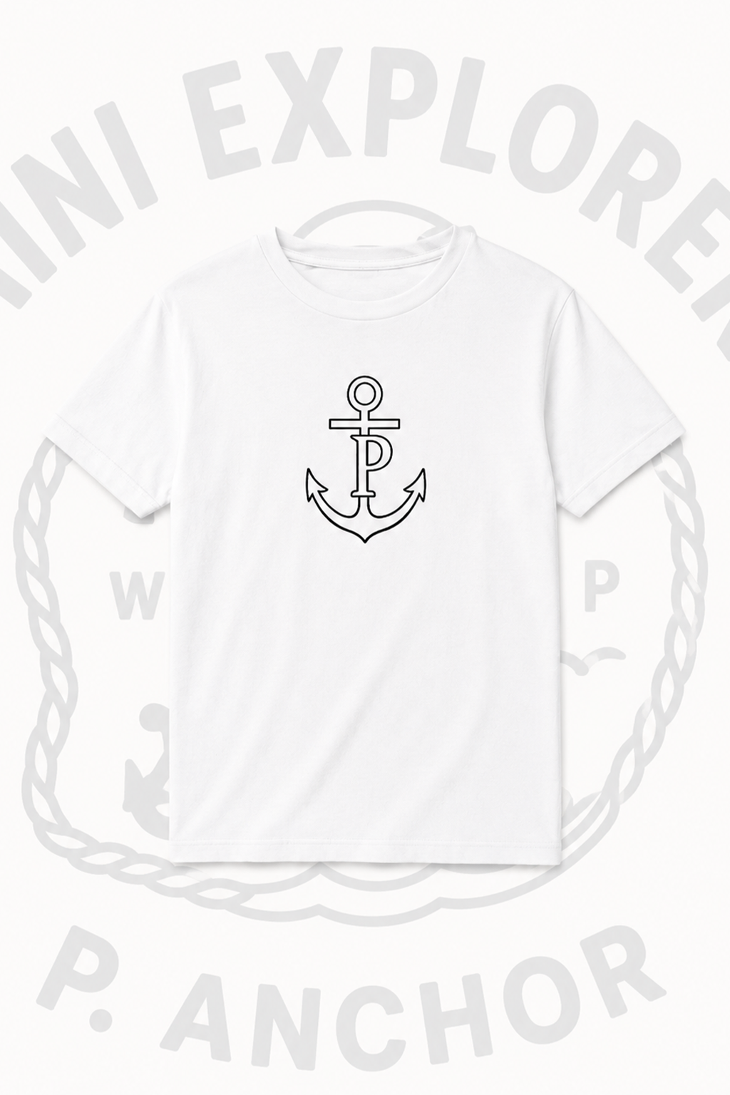 White t-shirt with anchor logo and text on a white background