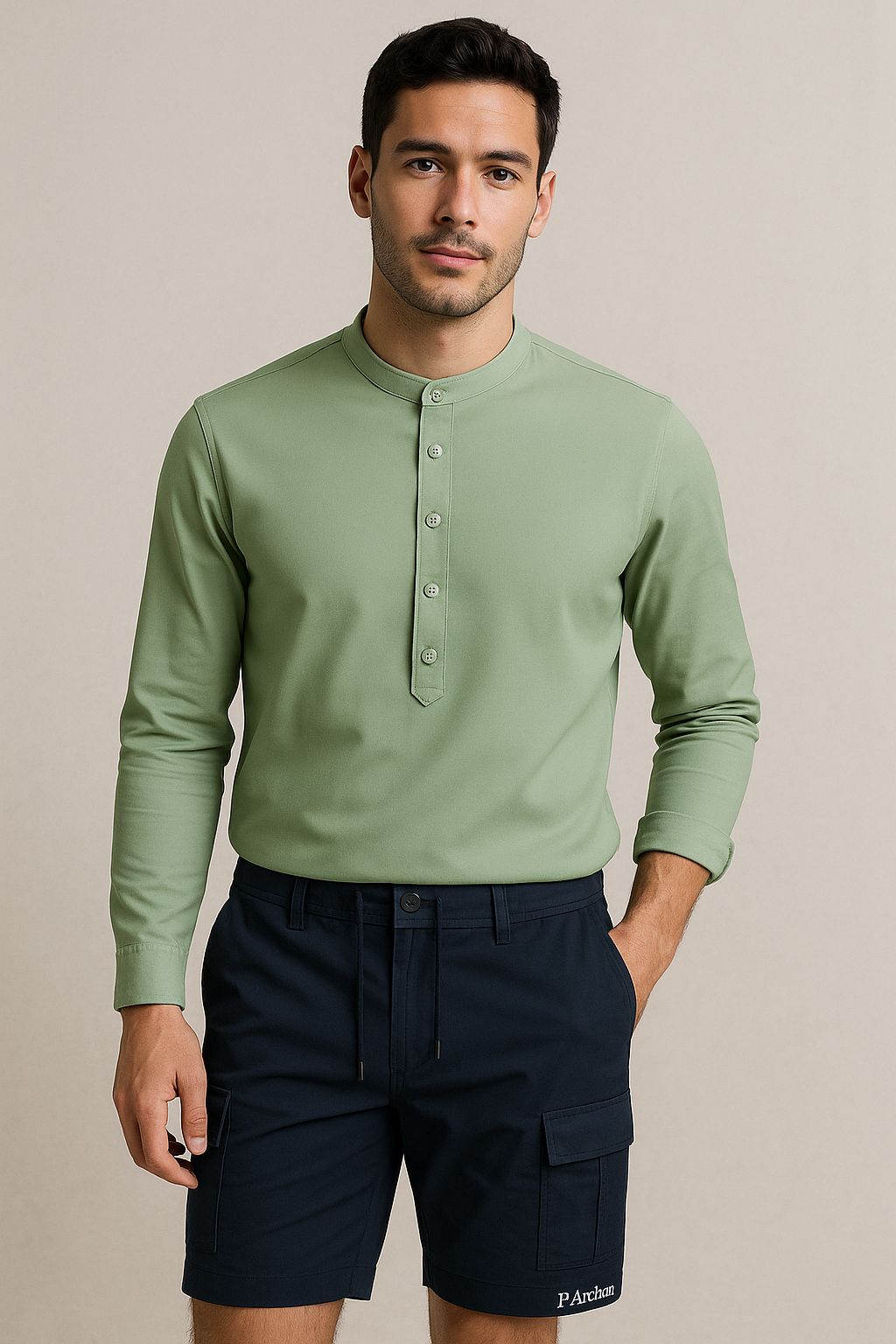 "Men's mint green mandarin collar shirt by P.Anchor with long sleeves and button placket, paired with navy cargo shorts – modern minimal style"