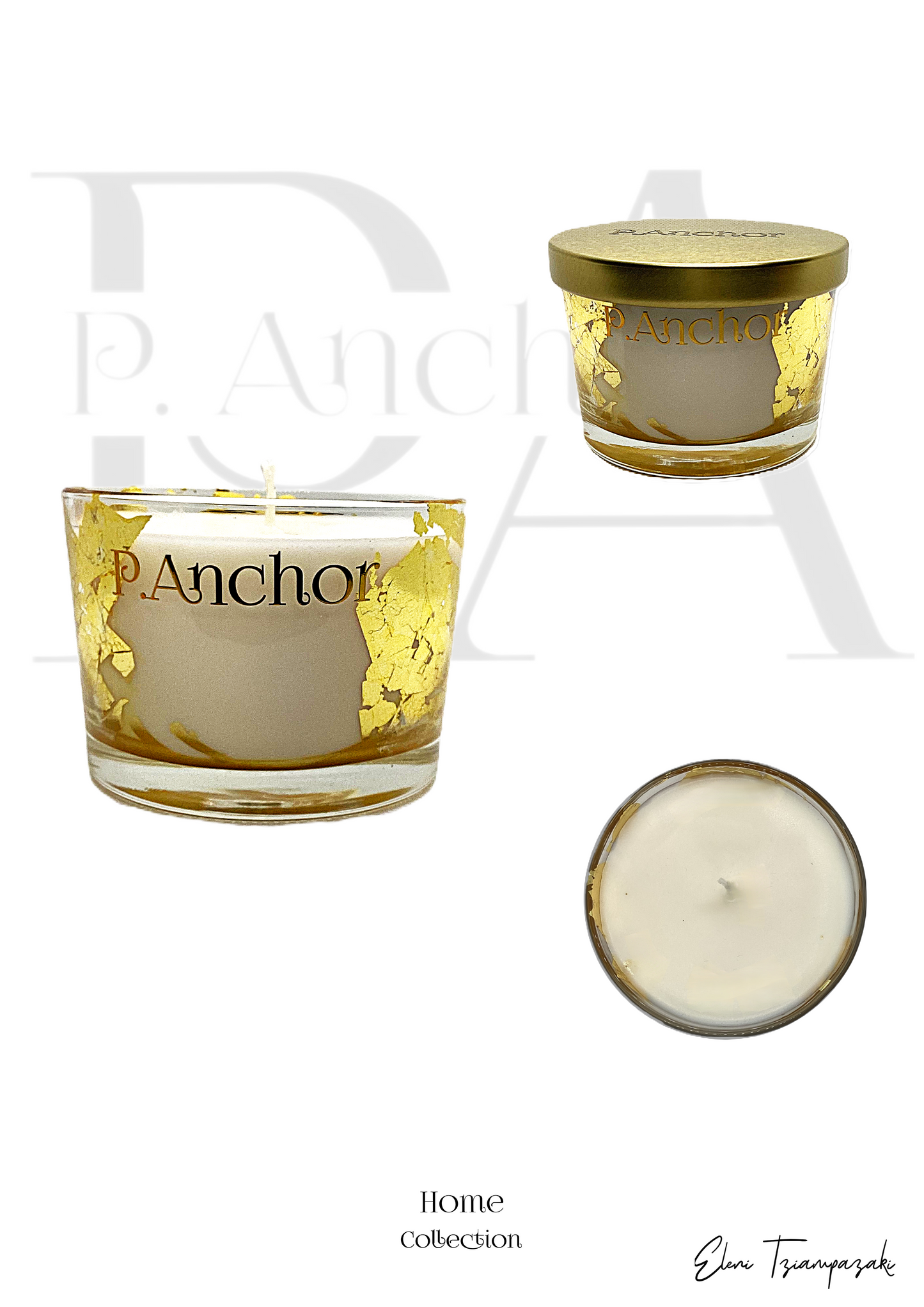 Collage of P.Anchor luxury candle in clear glass jar with gold leaf accents, shown with lid, from top, and front view – Home Collection