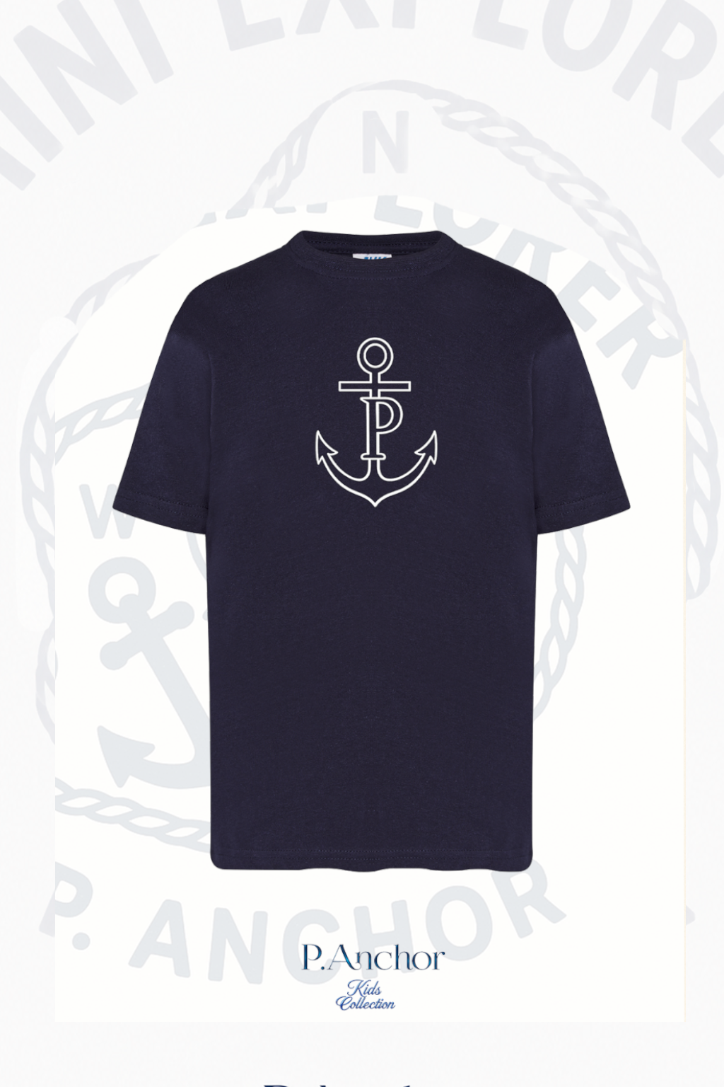 Navy blue t-shirt with white anchor design on a light gray background