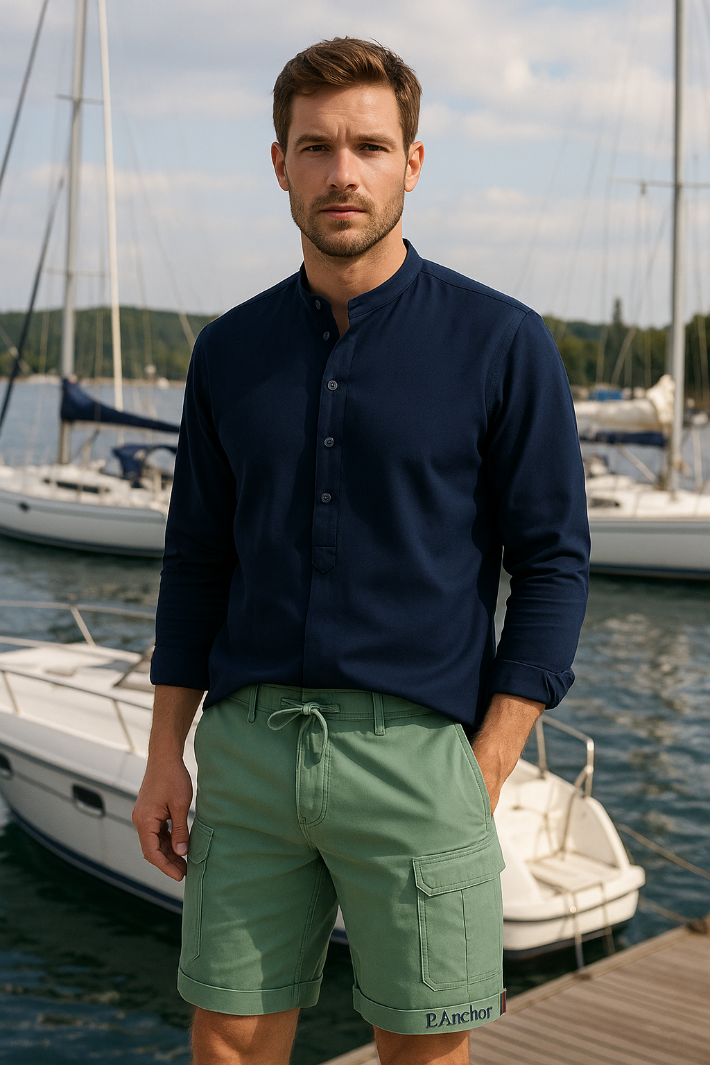 "Men's navy blue cotton shirt by P.Anchor with mandarin collar, long sleeves, and relaxed fit – minimal summer style"