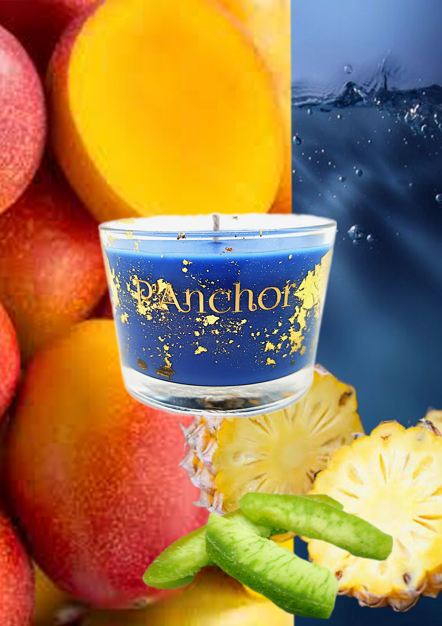 Luxury blue P.Anchor candle with gold details, surrounded by tropical fruits like mango, pineapple, and kiwi, with a backdrop of ocean water.