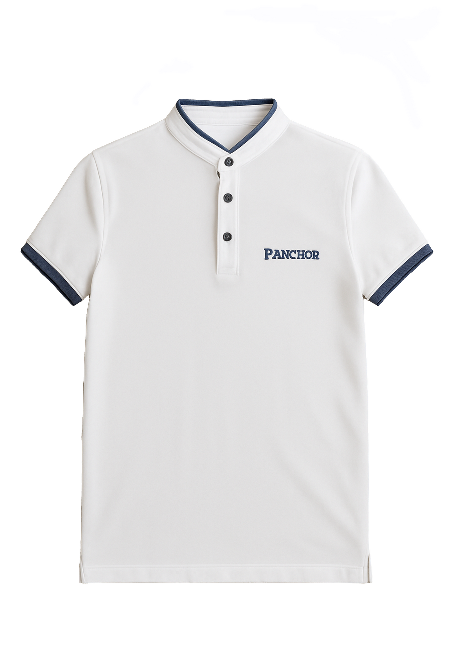 "Men's white short-sleeve polo shirt by P.Anchor with mandarin collar, navy trim and logo, product image on white background"