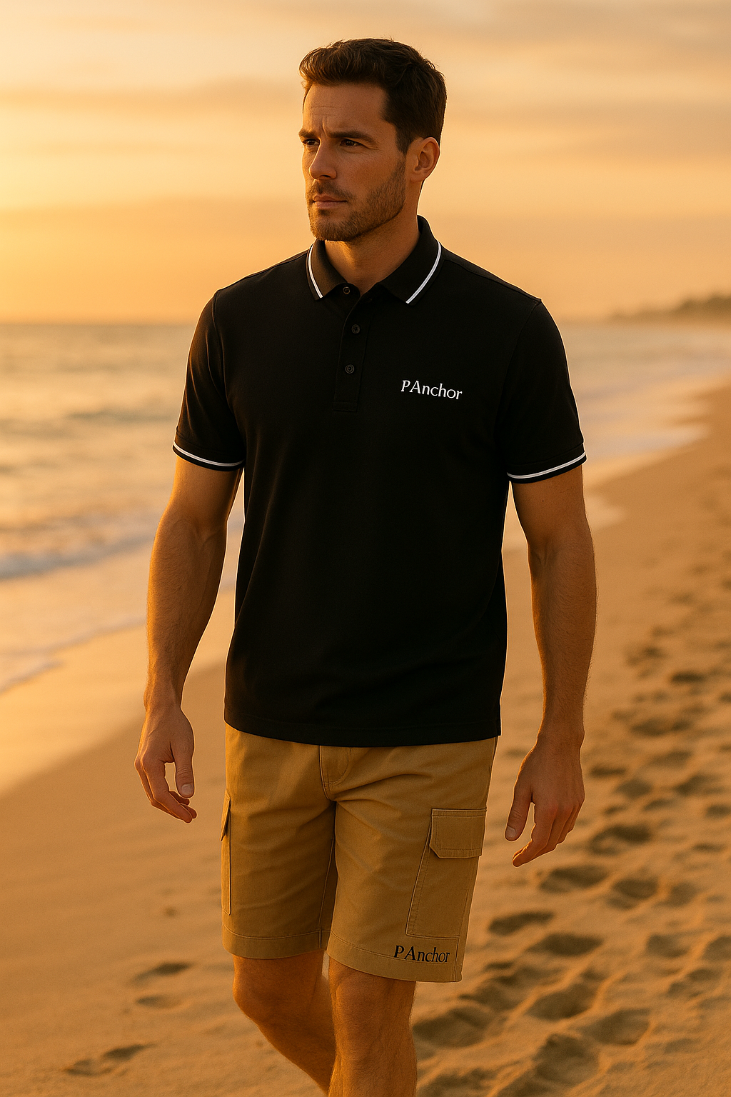 "Men's black P.Anchor polo shirt with white trim and logo, paired with beige cargo shorts, beachside sunset look in a relaxed summer setting"