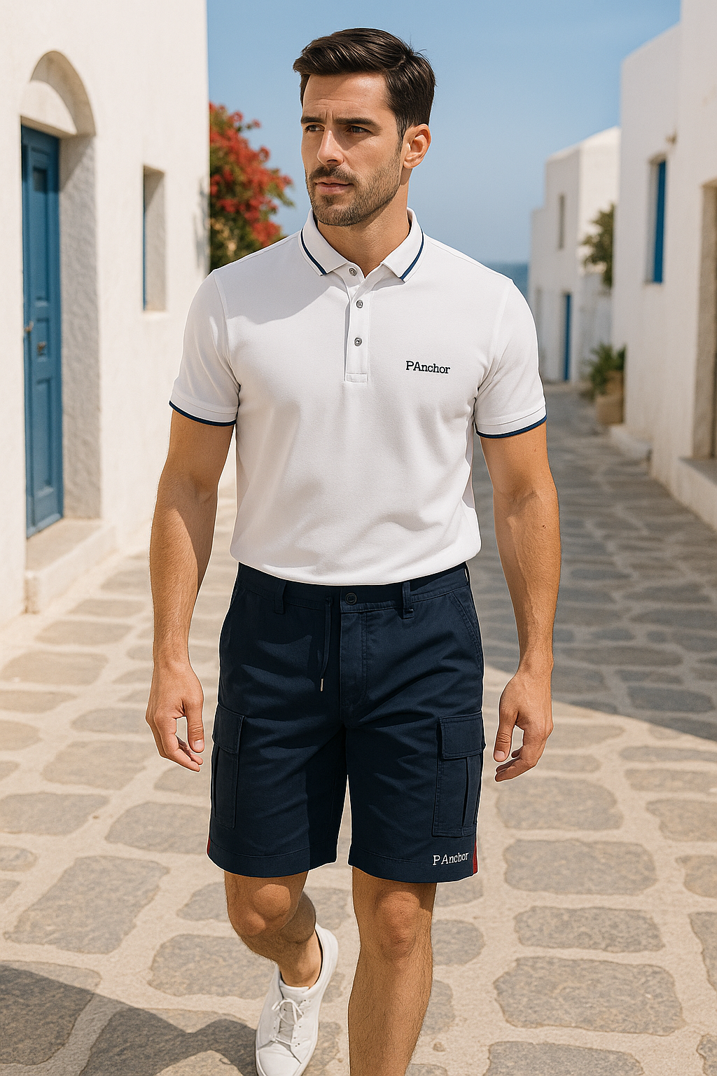 "Men's white P.Anchor polo shirt with navy trim and logo, paired with navy cargo shorts, summer look in a Cycladic island setting"