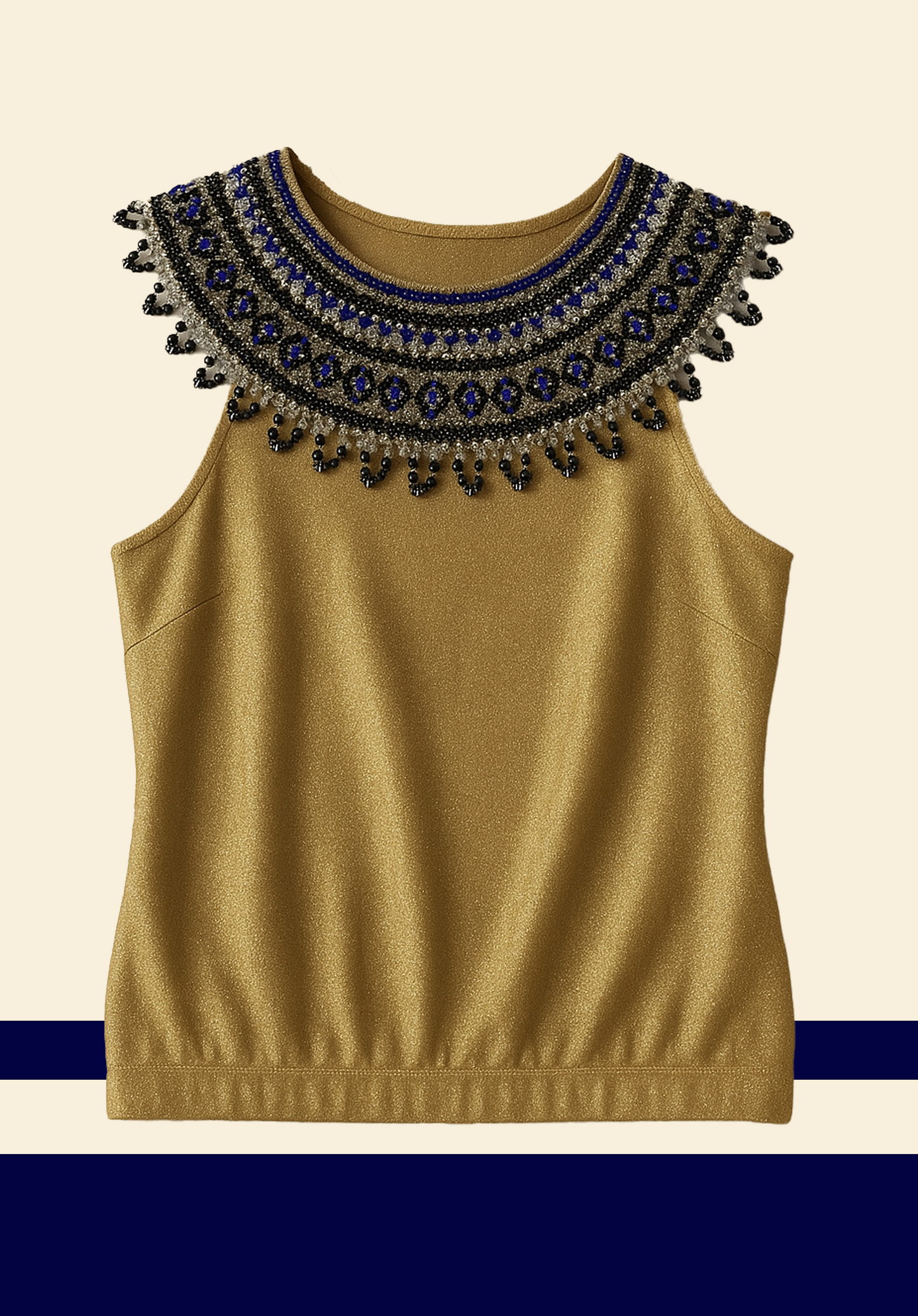 "Premium golden sleeveless top with a striking beaded neckline featuring black and blue embellishments in an Egyptian-inspired design."