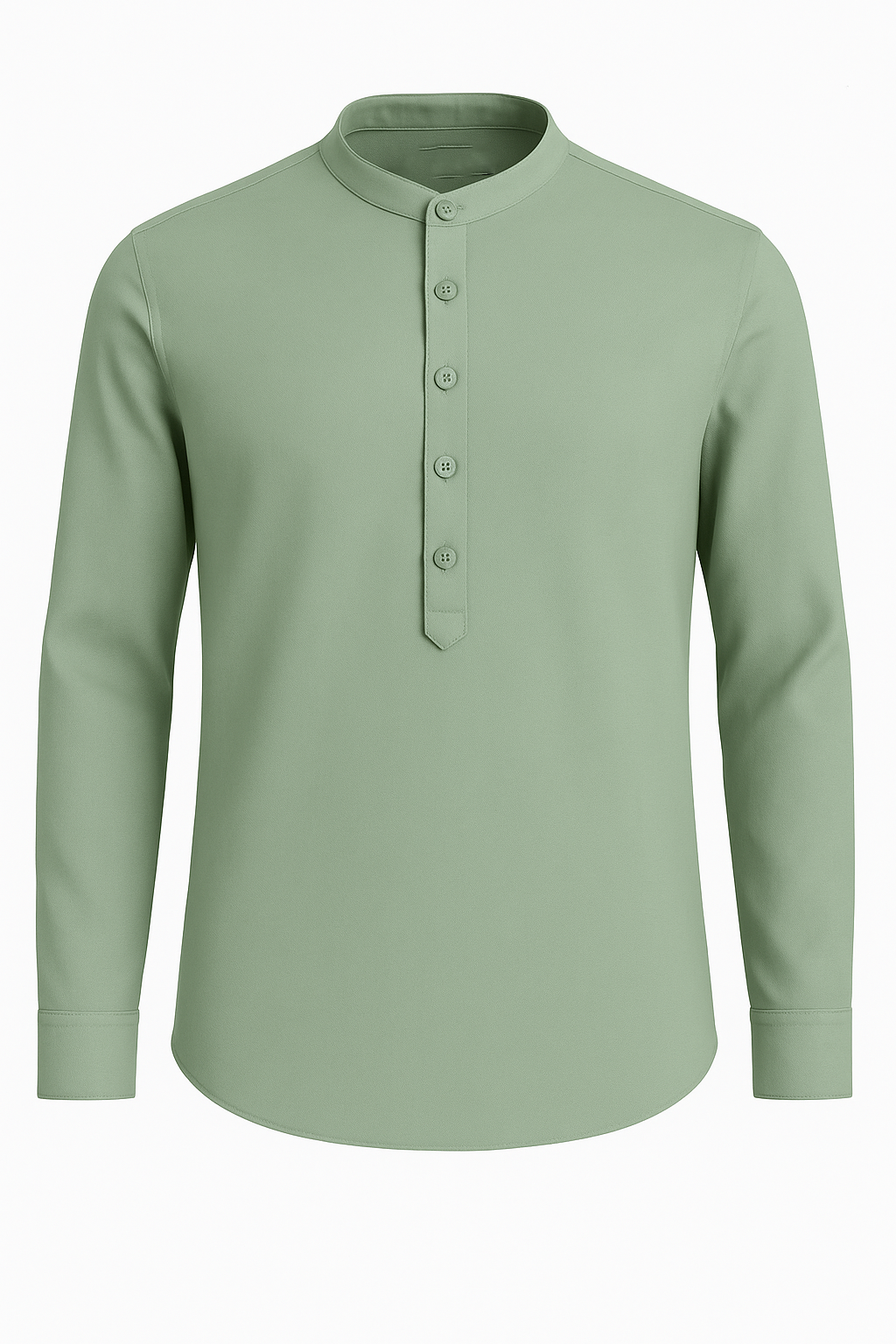 "Men's mint green mandarin collar shirt by P.Anchor, long sleeves, button placket, product image on white background"