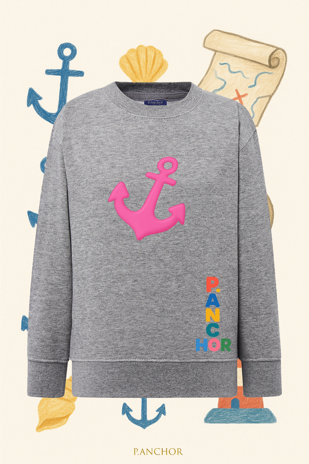 Grey P.ANCHOR kids sweatshirt with pink anchor and multicolor vertical logo
