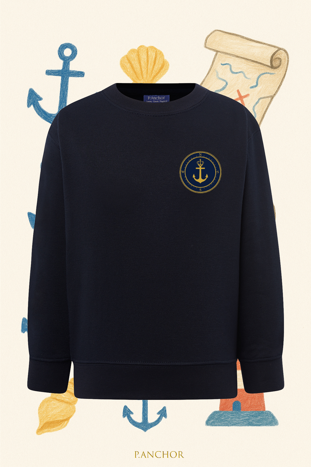 Navy P.ANCHOR kids sweatshirt with gold anchor and compass chest emblem