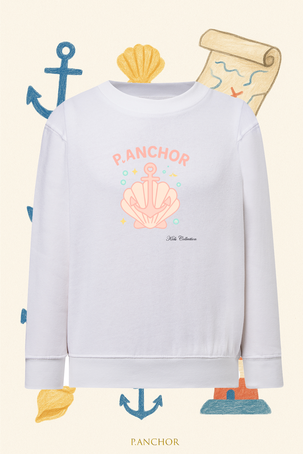 White P.ANCHOR kids sweatshirt with pastel pink seashell and anchor design