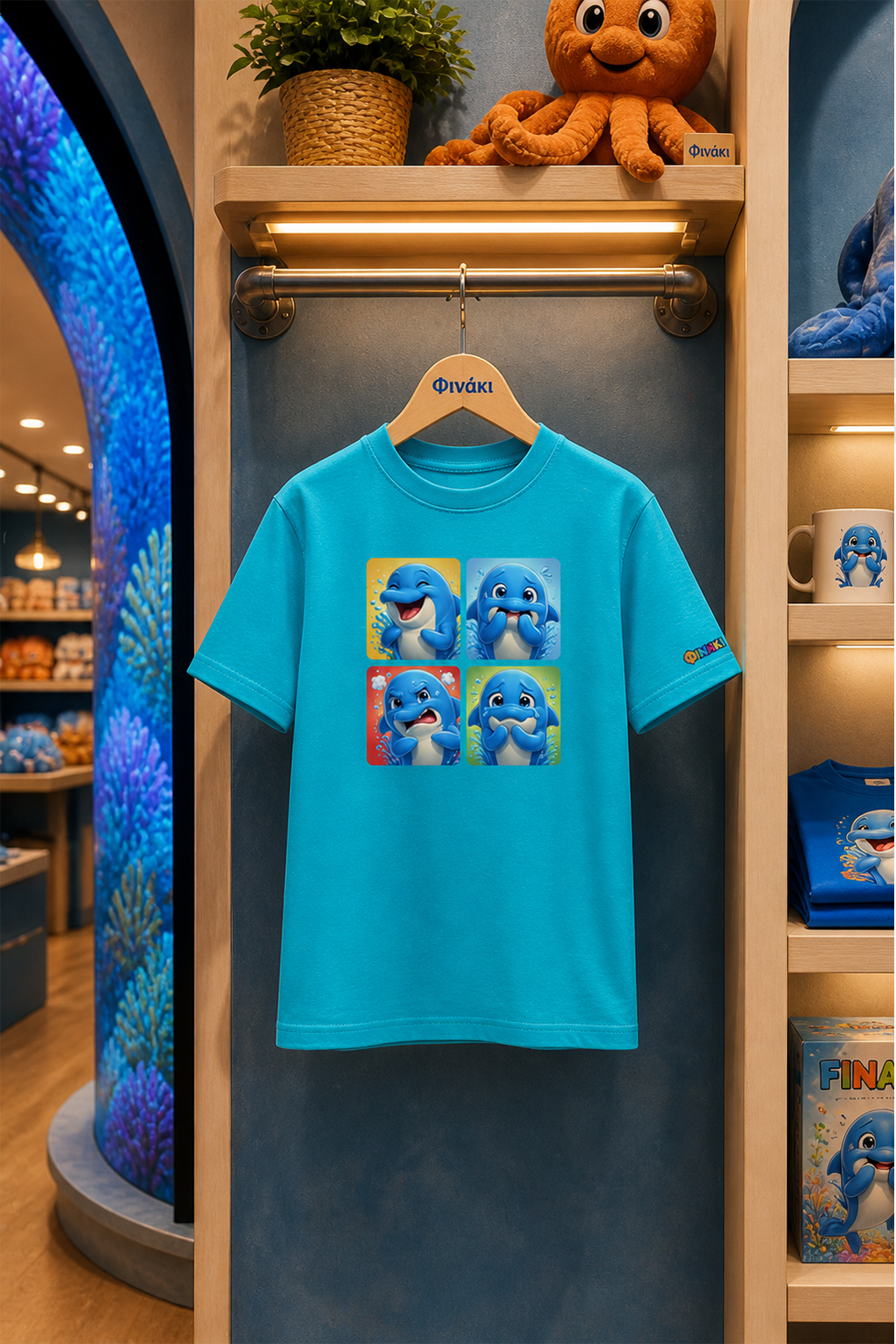 Blue t-shirt with cartoon character design on a hanger in a store setting.