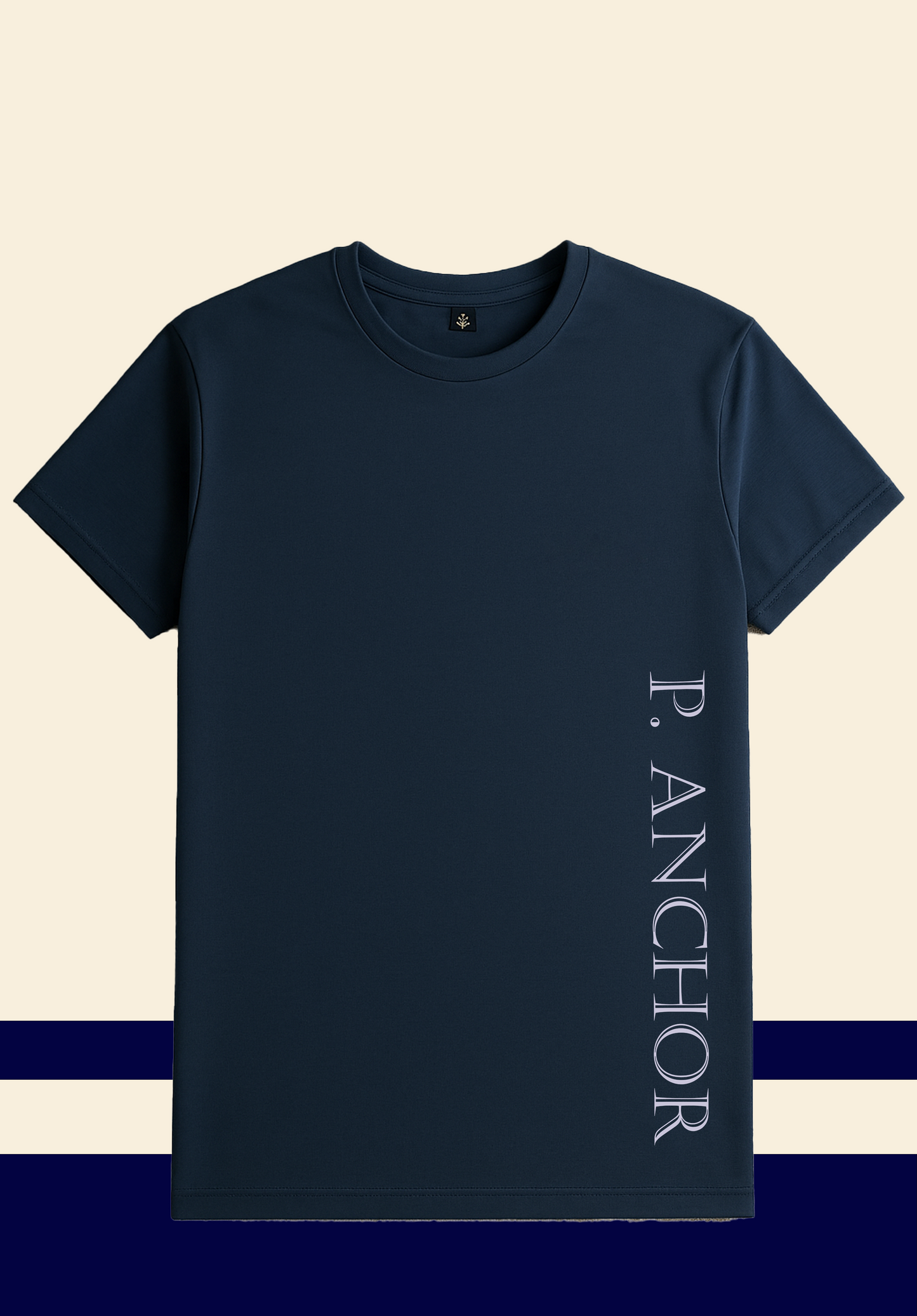 Unisex navy blue t-shirt with vertical white "P. ANCHOR" logo on the front lower right side.