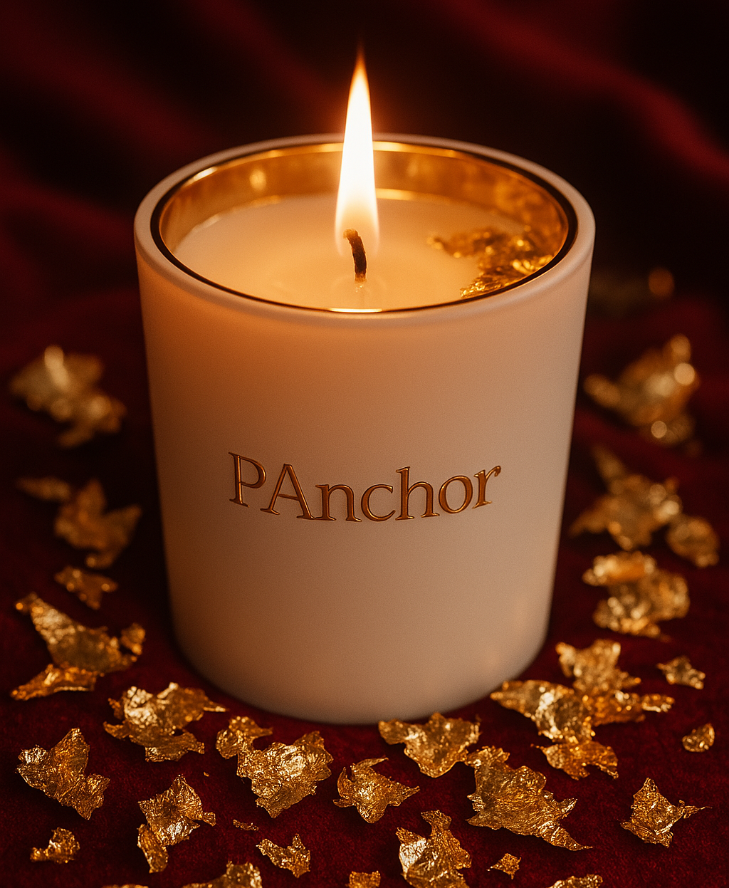 Lit luxury vanilla candle by P.Anchor in white and gold jar, surrounded by gold leaf on burgundy fabric