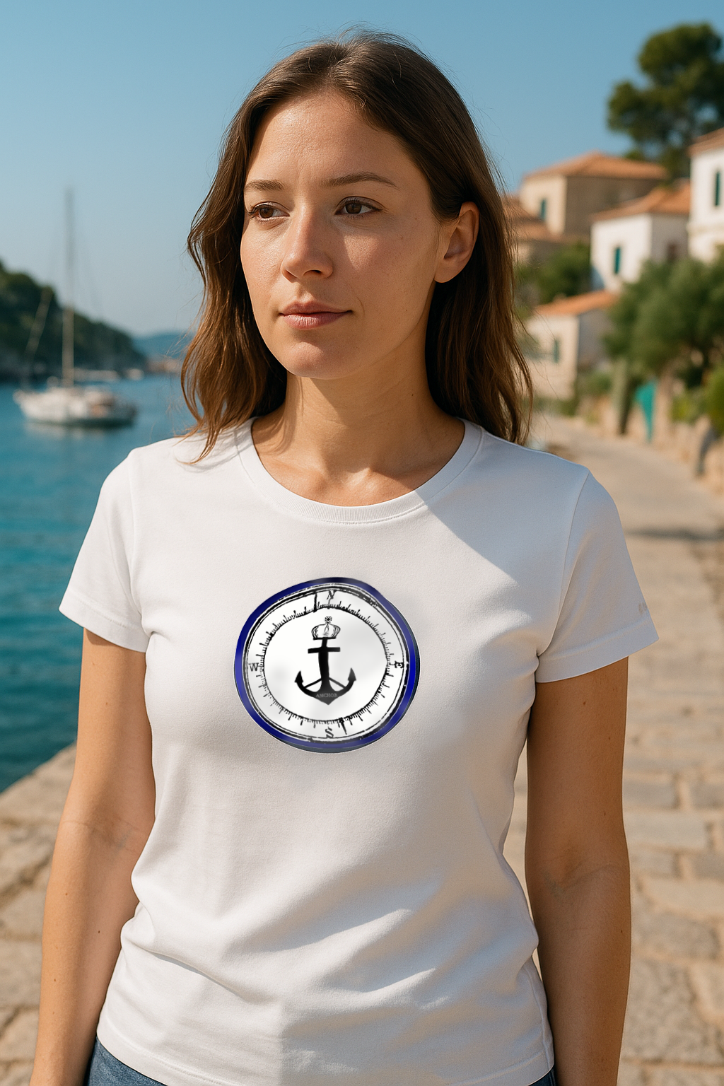 Γυναικείο Λευκό T-Shirt με Σχέδιο Άγκυρας & Πυξίδας | P. ANCHOR