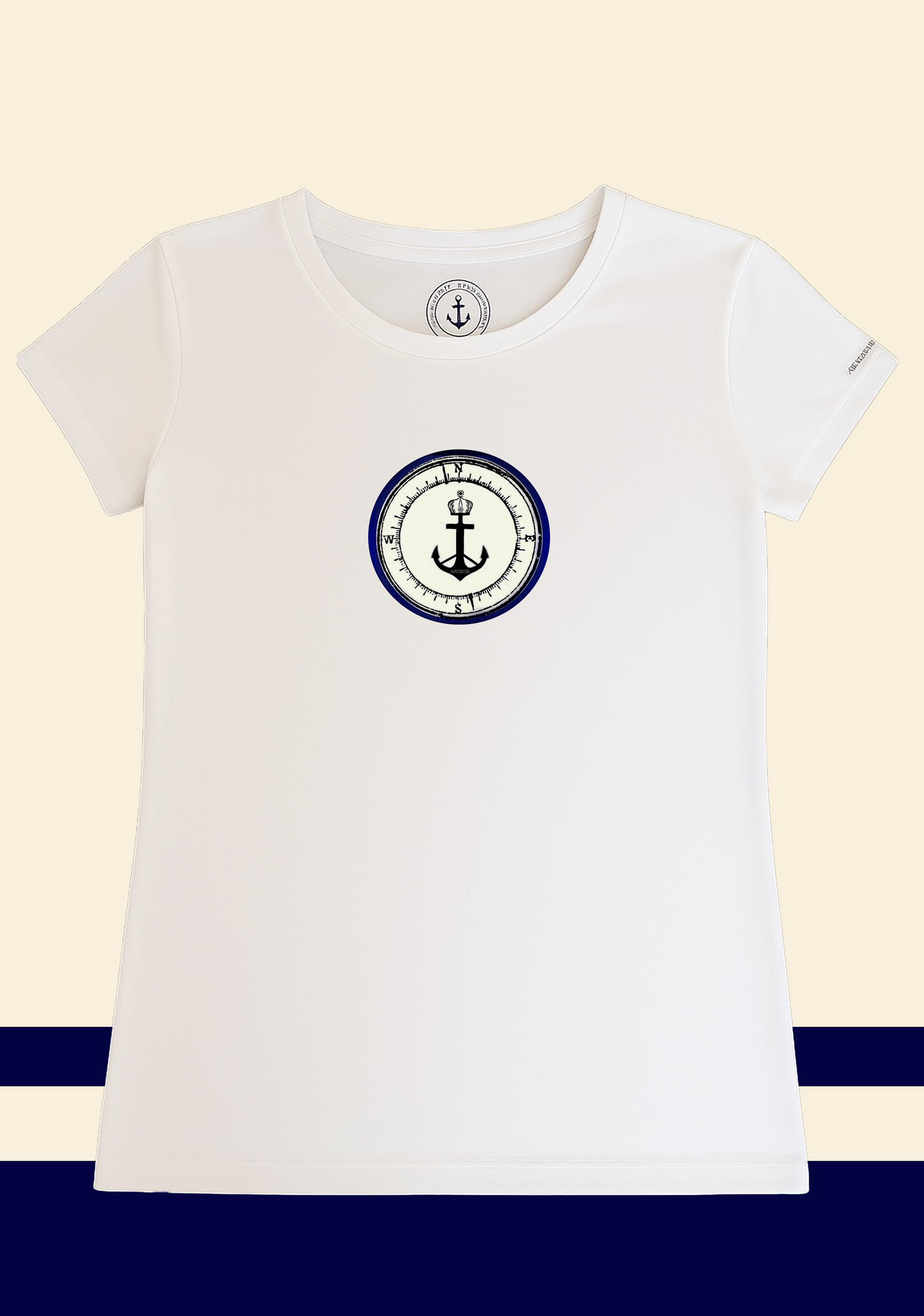 White women's t-shirt with central anchor and compass emblem in navy blue tones
