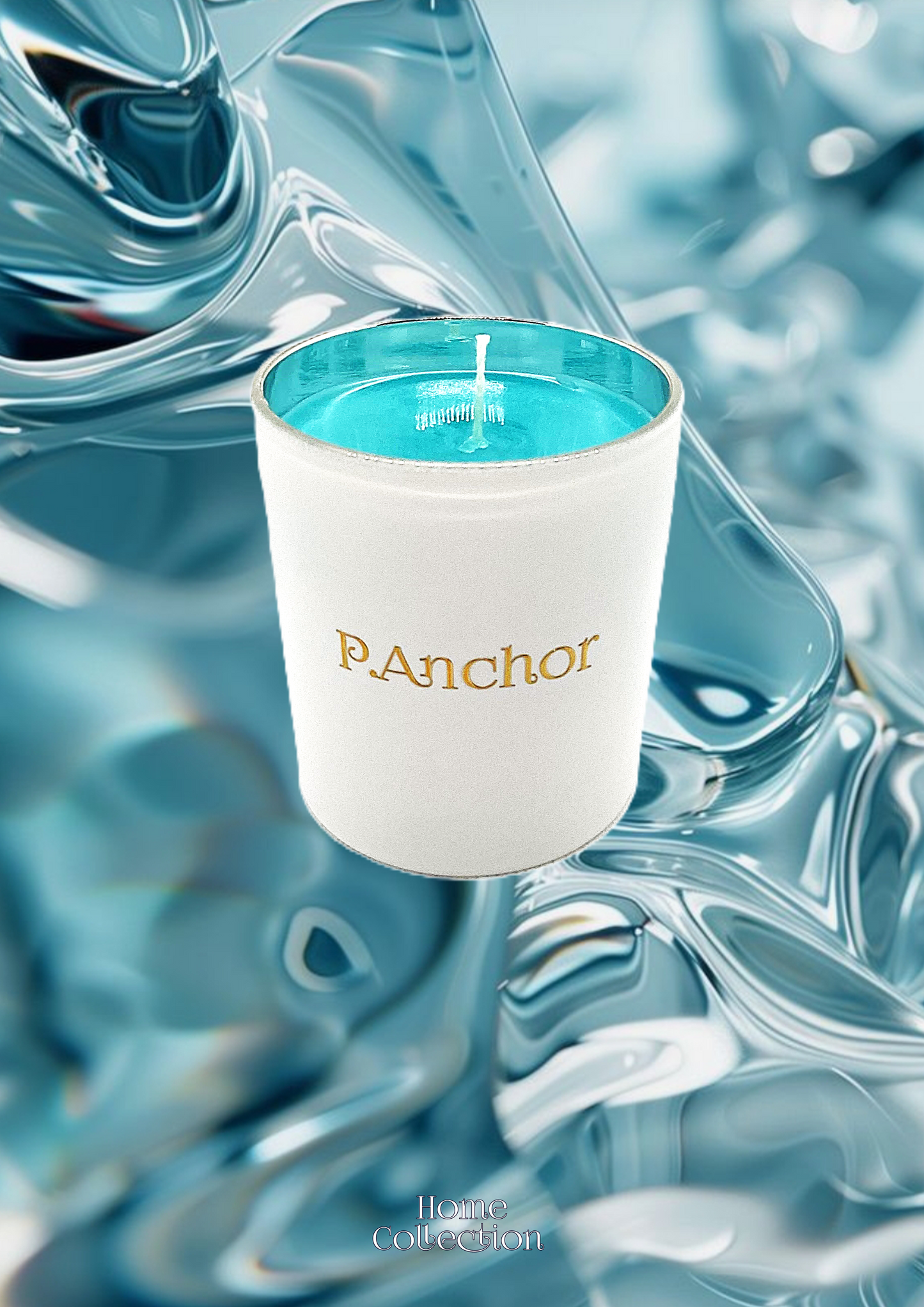 Luxury white candle jar with aqua blue wax and gold P.Anchor logo, placed over liquid glass background – Home Collection
