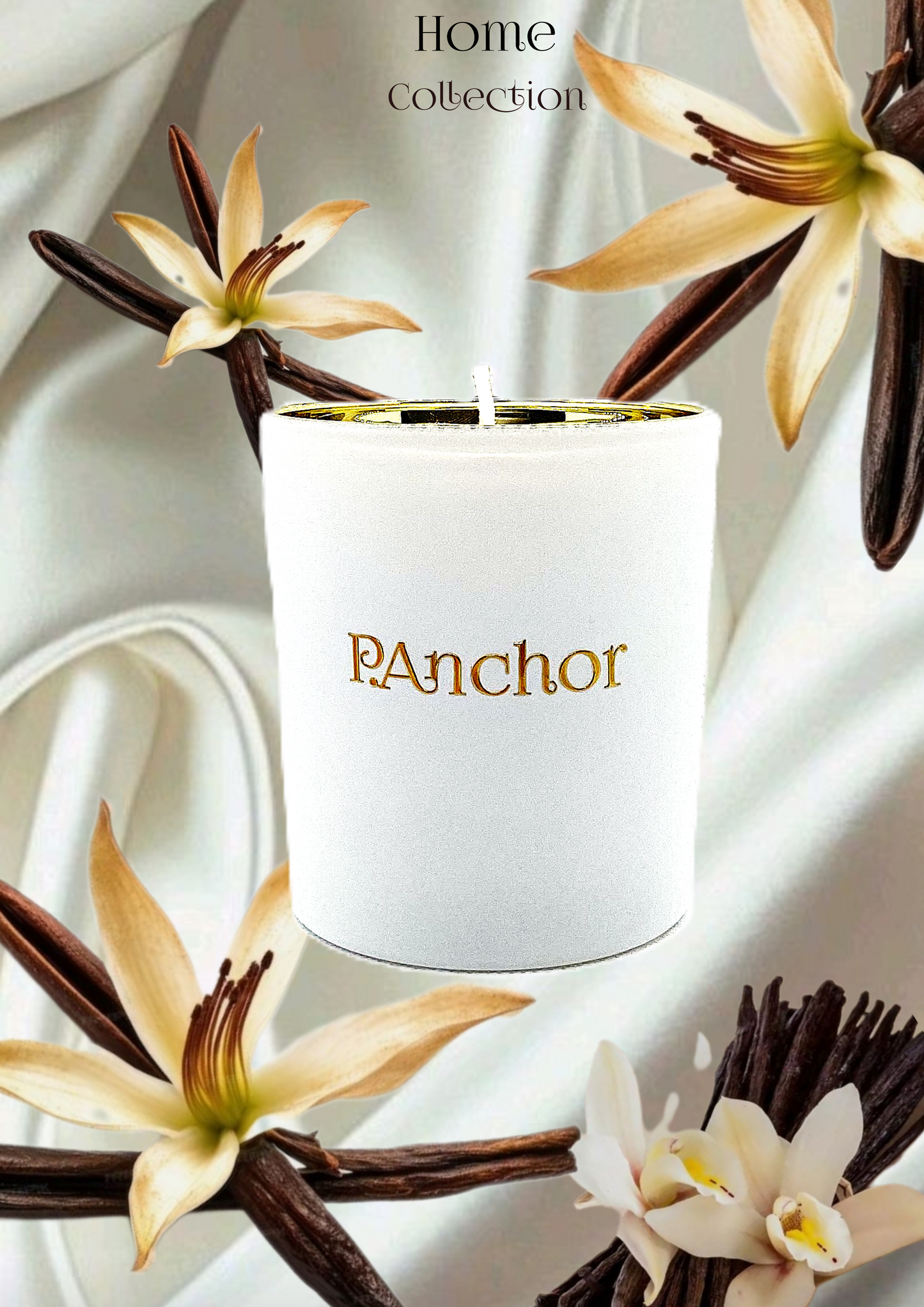 Luxury vanilla-scented white candle by P.Anchor with gold logo, surrounded by vanilla flowers