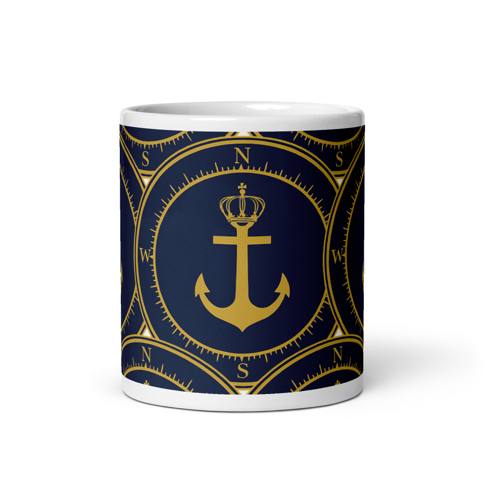 P.ANCHOR ceramic mug in white and navy blue with nautical anchor and crown design in gold.