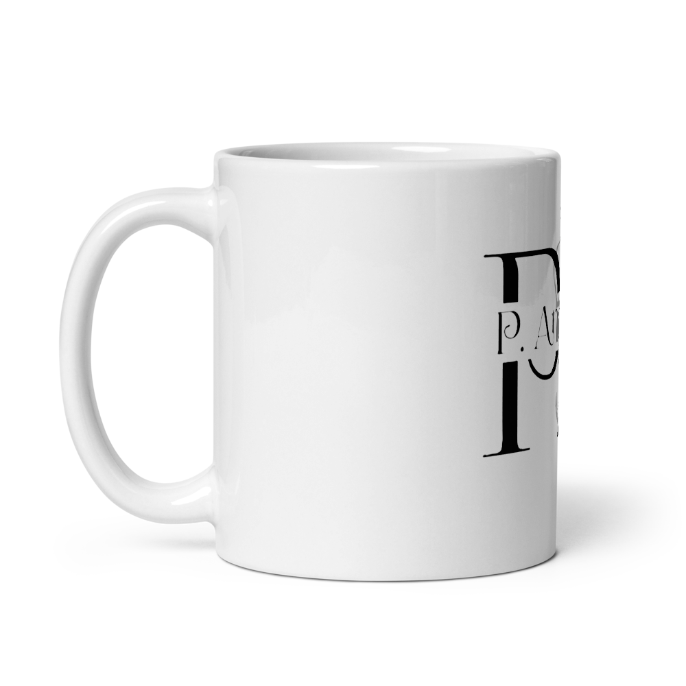 White ceramic mug P.ANCHOR with calligraphic logo and subtle nautical anchor and crown design.