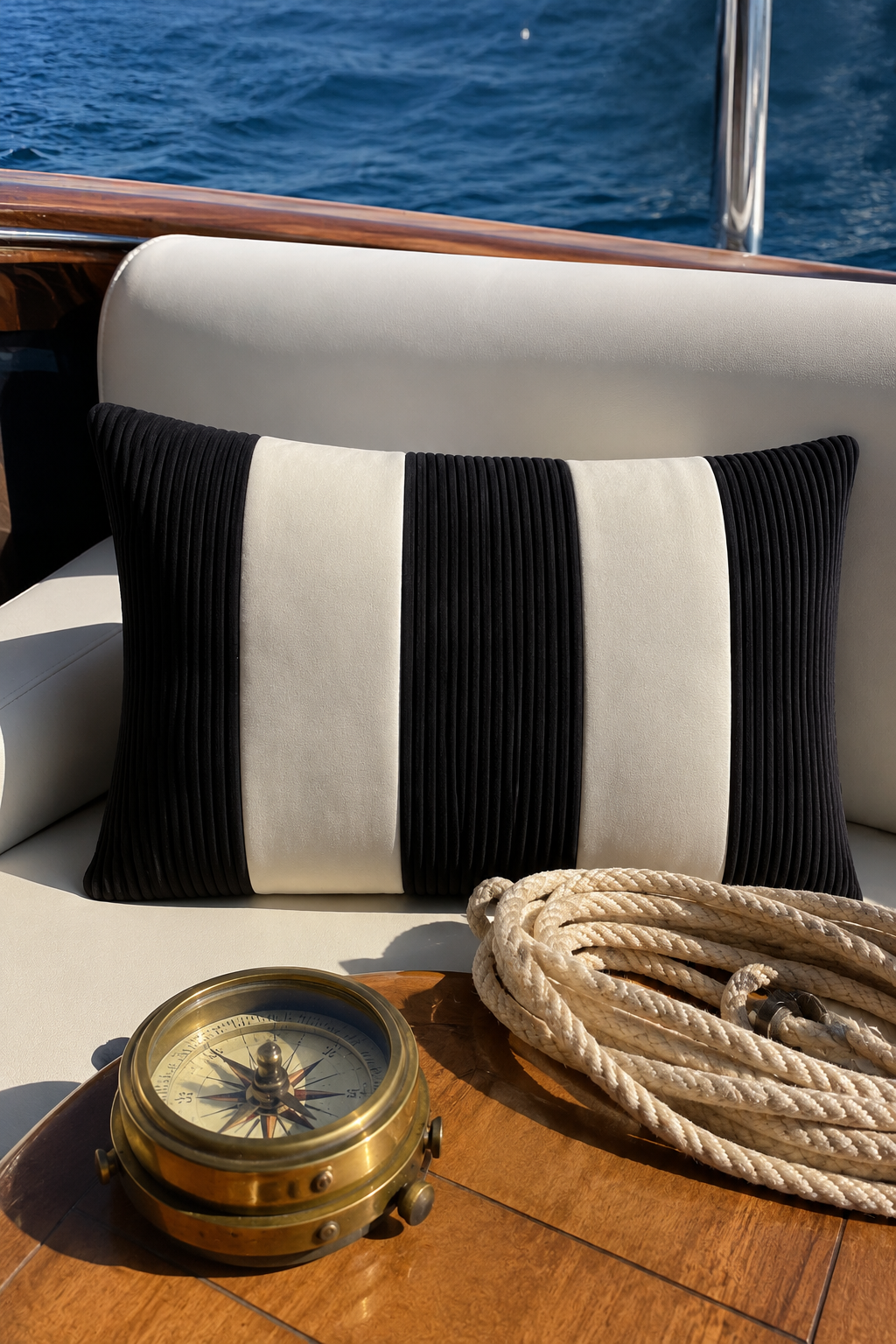 Black and white striped pillow with a compass and rope on a boat deck.