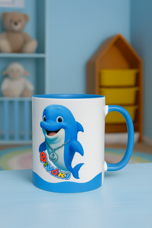 Κεραμική παιδική κούπα Φινάκι με γαλάζιο δελφίνι και μπλε χερούλι σε παιδικό δωμάτιο