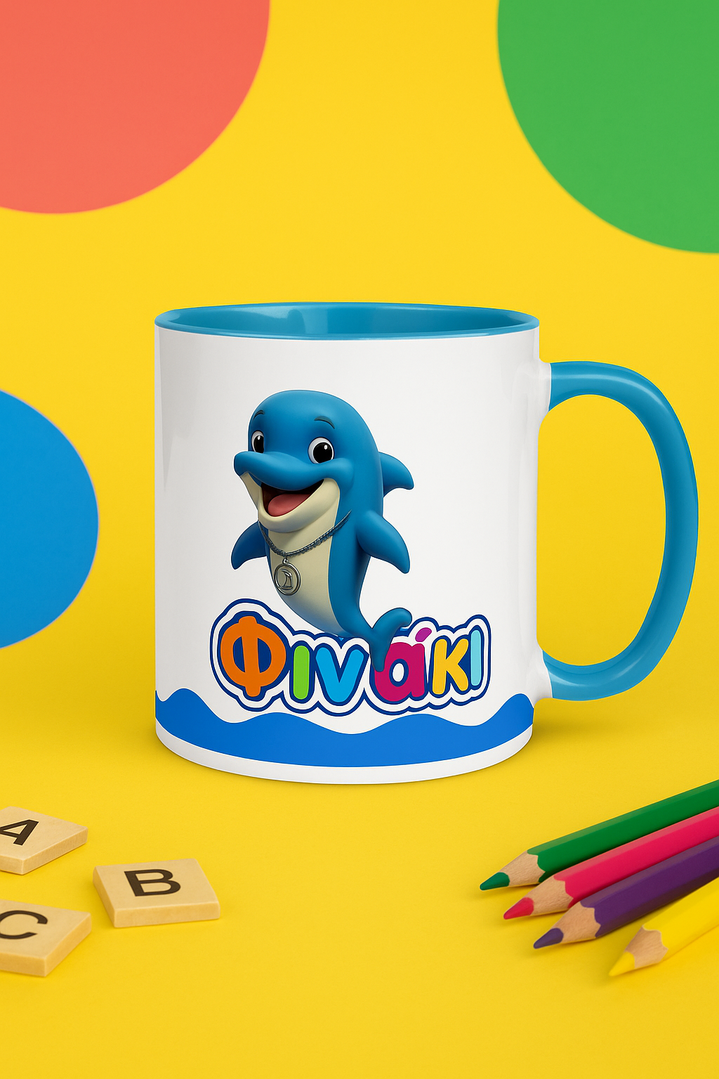 Mug with a cartoon dolphin and colorful letters on a yellow background with colored circles and pencils.