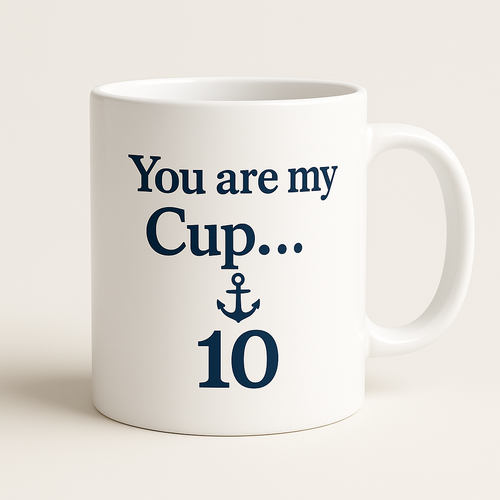White mug with blue text and anchor design on a white background