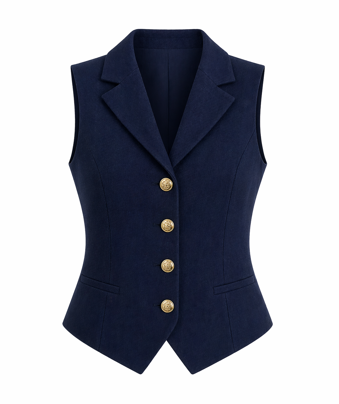 Navy blue vest with gold buttons on a white background