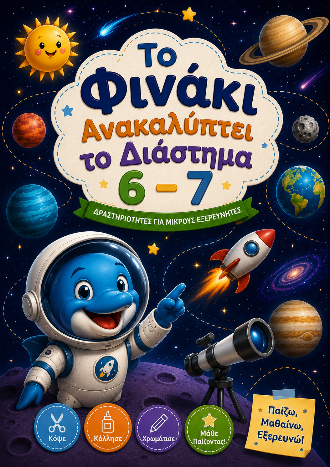 Book cover with space-themed illustrations and a character in an astronaut suit.