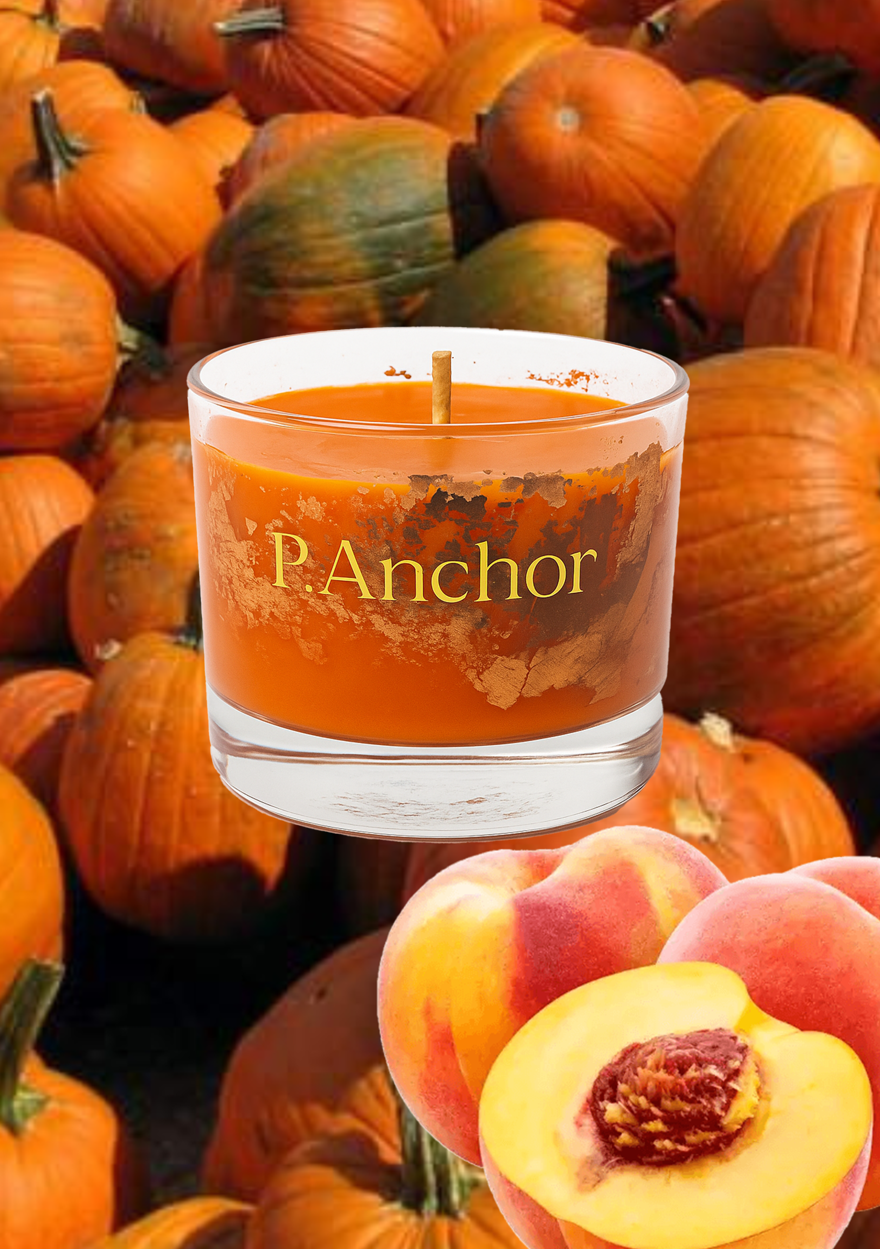 Peach-themed candle with 'P. Anchor' branding surrounded by pumpkins and peaches.