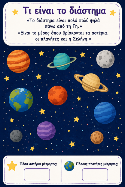 Educational poster about the universe with planets and stars on a blue background.