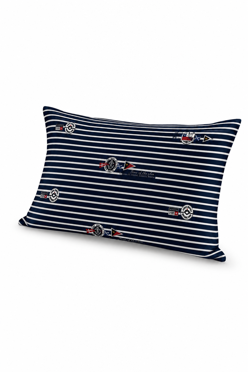 Navy striped pillow with decorative elements on a white background