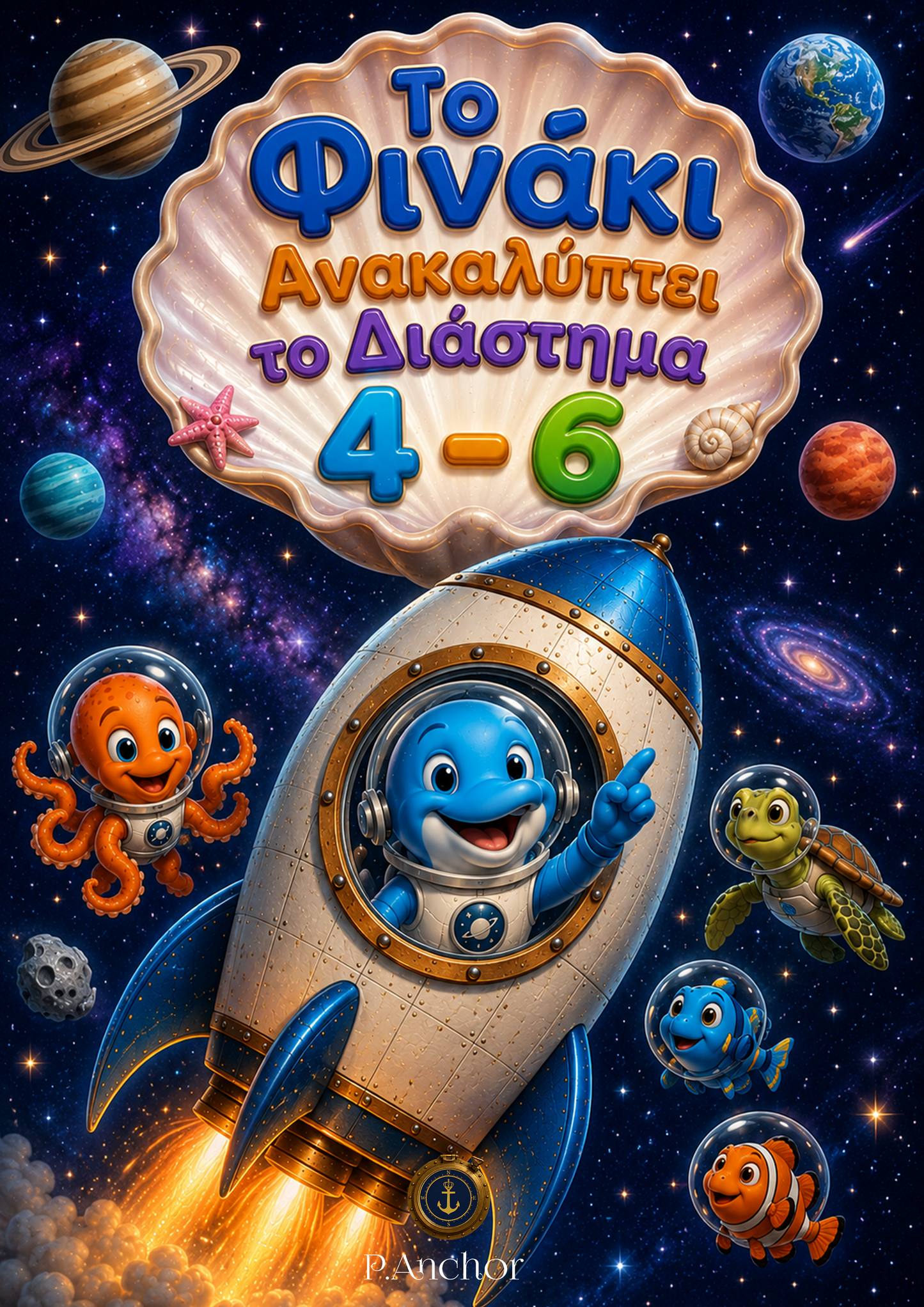 Children's book cover with a rocket, space-themed characters, and Greek text on a space background.