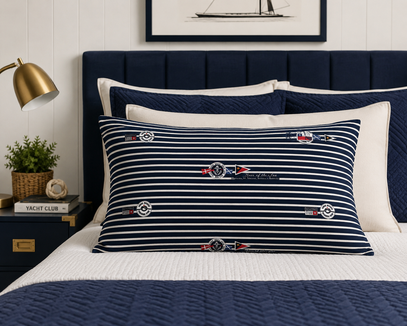 Nautical-themed pillow with decorative patterns on a bed in a bedroom setting.