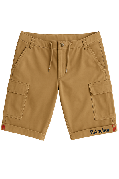 Men's tan cargo shorts with flap pockets and P. Anchor logo on hem
