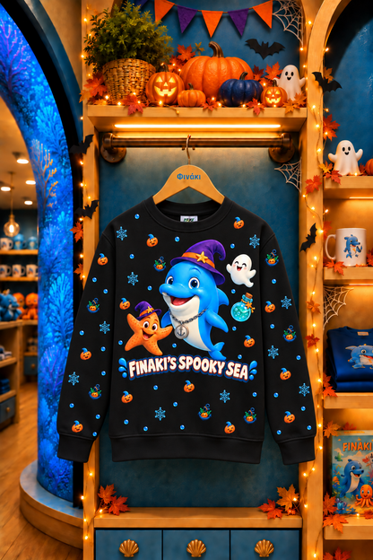 A black crewneck sweatshirt featuring a colorful cartoon graphic of a blue shark, orange pumpkins, ghosts, and the text 'FINAKI'S SPOOKY SEA', hanging on a wooden hanger in a decorated Halloween-themed retail display.