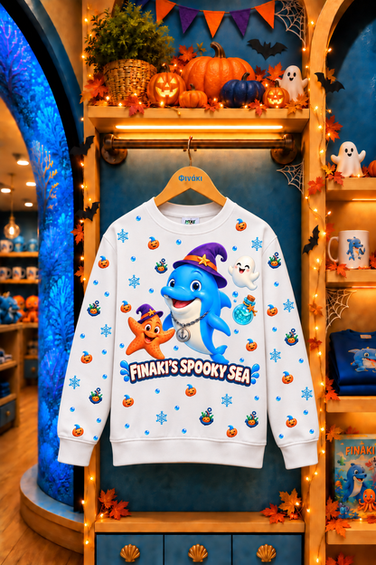A white crewneck sweatshirt featuring a colorful cartoon graphic of a blue shark and an orange crab under a purple witch hat, with the text 'FINAKI'S SPOOKY SEA' across the front. The sweatshirt is displayed on a wooden hanger on a decorative retail shelf decorated for Halloween.
