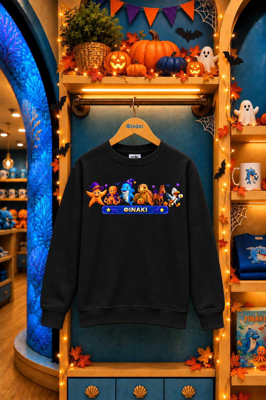 A black crewneck sweatshirt featuring a colorful graphic of Disney's Fantasia characters in Halloween costumes, hanging on a wooden hanger with the brand name 'FINAKI' printed on it. The sweatshirt is displayed in a themed retail setting decorated for Halloween with pumpkins, ghosts, and autumn decorations.