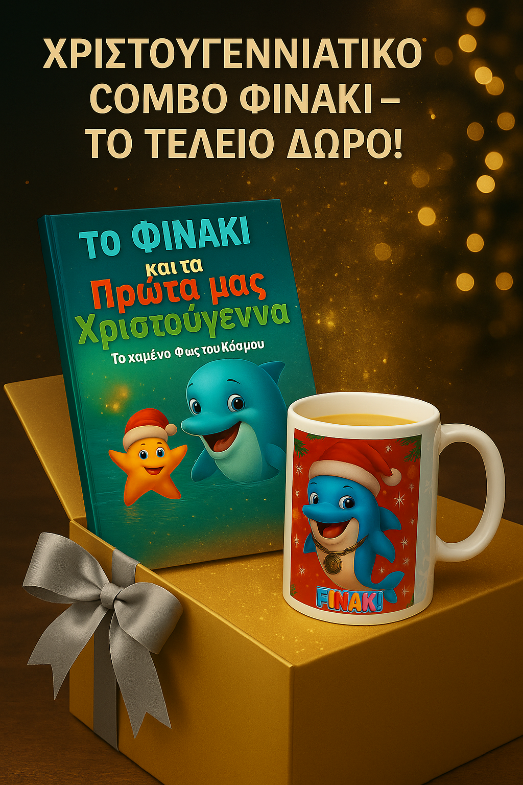 «Χριστουγεννιάτικο Combo Φινάκι με παραμύθι και κεραμική κούπα πάνω σε χρυσό κουτί δώρου»